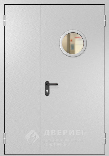 Полуторная противопожарная дверь с выпадающим порогом с круглым окном №6
